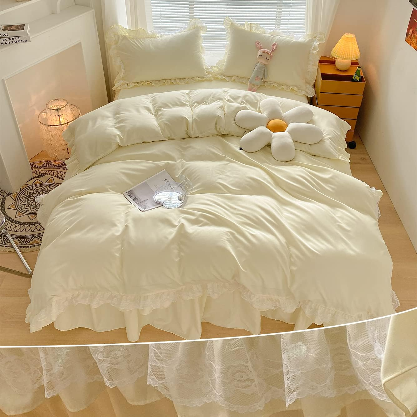 MOOWOO Chic Ruffle Lace Polyester Duvet Cover Set -Girl White Bedding-2 Piece Twin Duvet Cover with Zipper Closure -Ultra Soft and Light Weight(White, Twin)