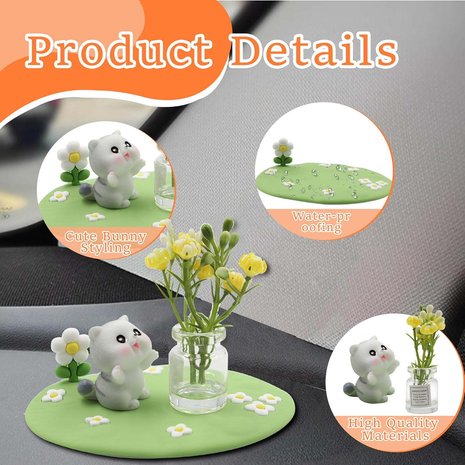 Mini Cat and Jasmine Car Dashboard Decorations, Cute Car Accessories for Women and Men, Mini Car Interior Accessories, Funny Car Rear View Mirror Accessories (Green) image number 5