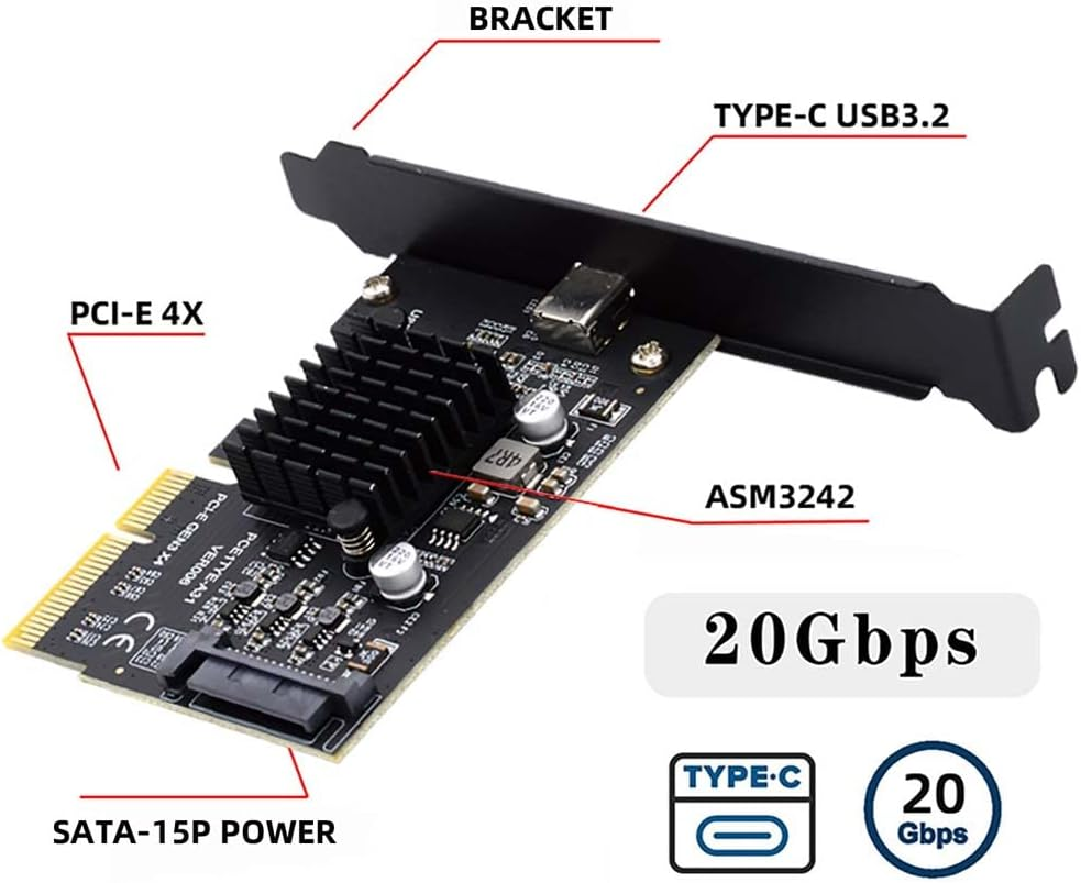 Cablecc 20Gbps USB 3.2 Gen2 Type-C 20Gbps USB-C Female to PCI-E 4X Express Card Adapter for Desktop Motherboard image number 1