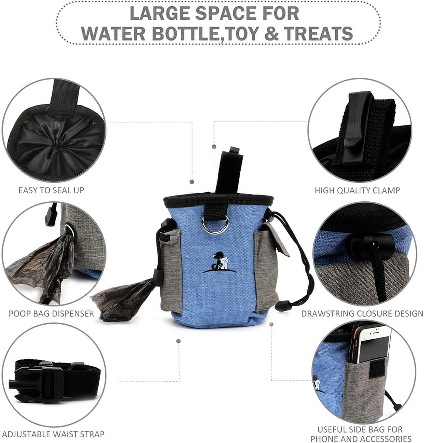 VANANA Pet Training Clicker Puppy Dog Training Snack Bag Built-In Poop Bag Dispenser Zipper Pocket with Adjustable Waist Belt Pouch Hand-Free for Dog Walking Training (Blue) image number 2