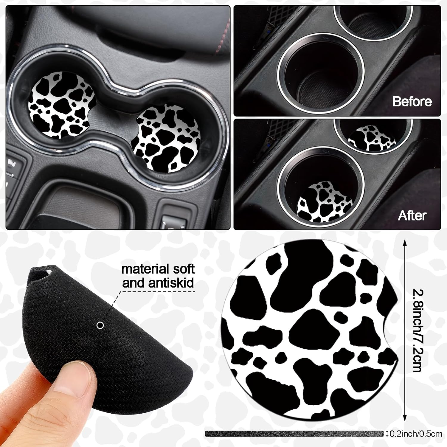 Datanly 16Pcs Cow Print Car Seat Cover Full Set for Women Men Car Seat Accessories Protector Steering Wheel Armrest Pad Belt Pads Mirror Cover for Most Sedan SUV Van (White, Black) image number 1