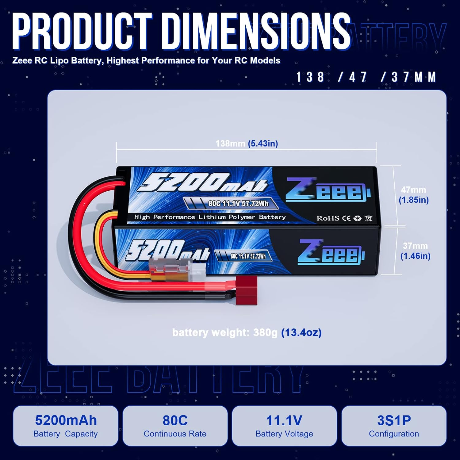 Zeee 3S Lipo Battery 5200Mah 11.1V 80C RC Battery Hard Case with T Connector for 1/8 and 1/10 RC Vehicles Car RC Buggy Truggy RC Airplane UAV Drone FPV image number 3