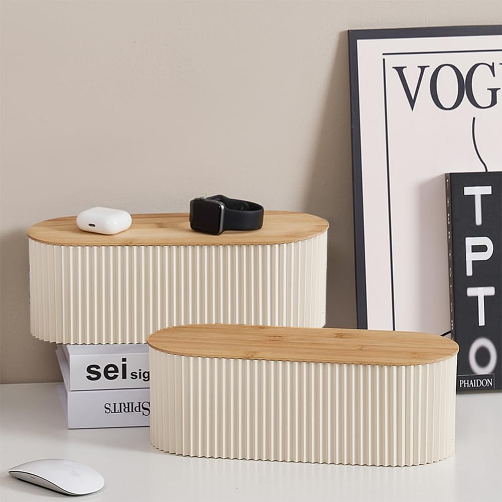 Baskiss Cable Management Box with Solid Bamboo Lid, 32X13X11.2 Cm, Floor Outlet Hider, Wire Organizer for Desk TV Computer USB Hub System to Cover and Hide & Power Strips & Cords (Beige) - Beige image number 2