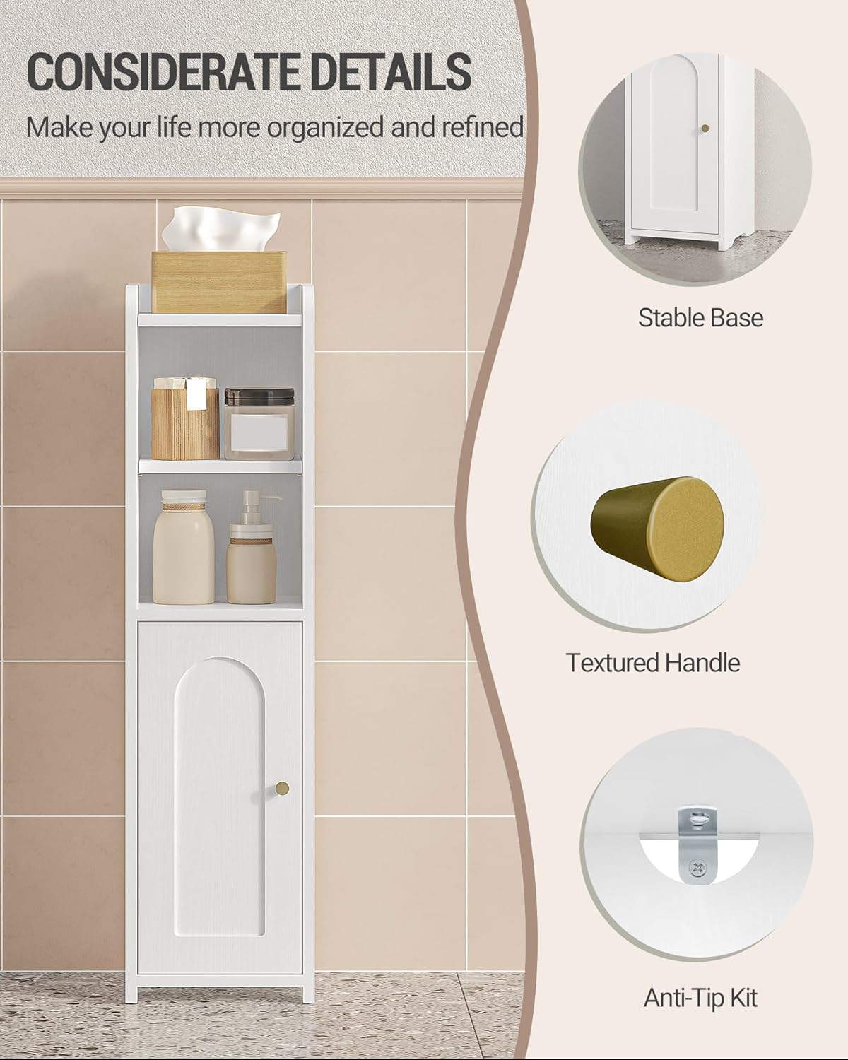 Hzuaneri Bathroom Storage Cabinet, Corner Floor Cabinet with Doors and Adjustable Shelf, Narrow Toilet Paper Cabinets, Bathroom Organizer for Small Spaces, White BC19703X image number 6