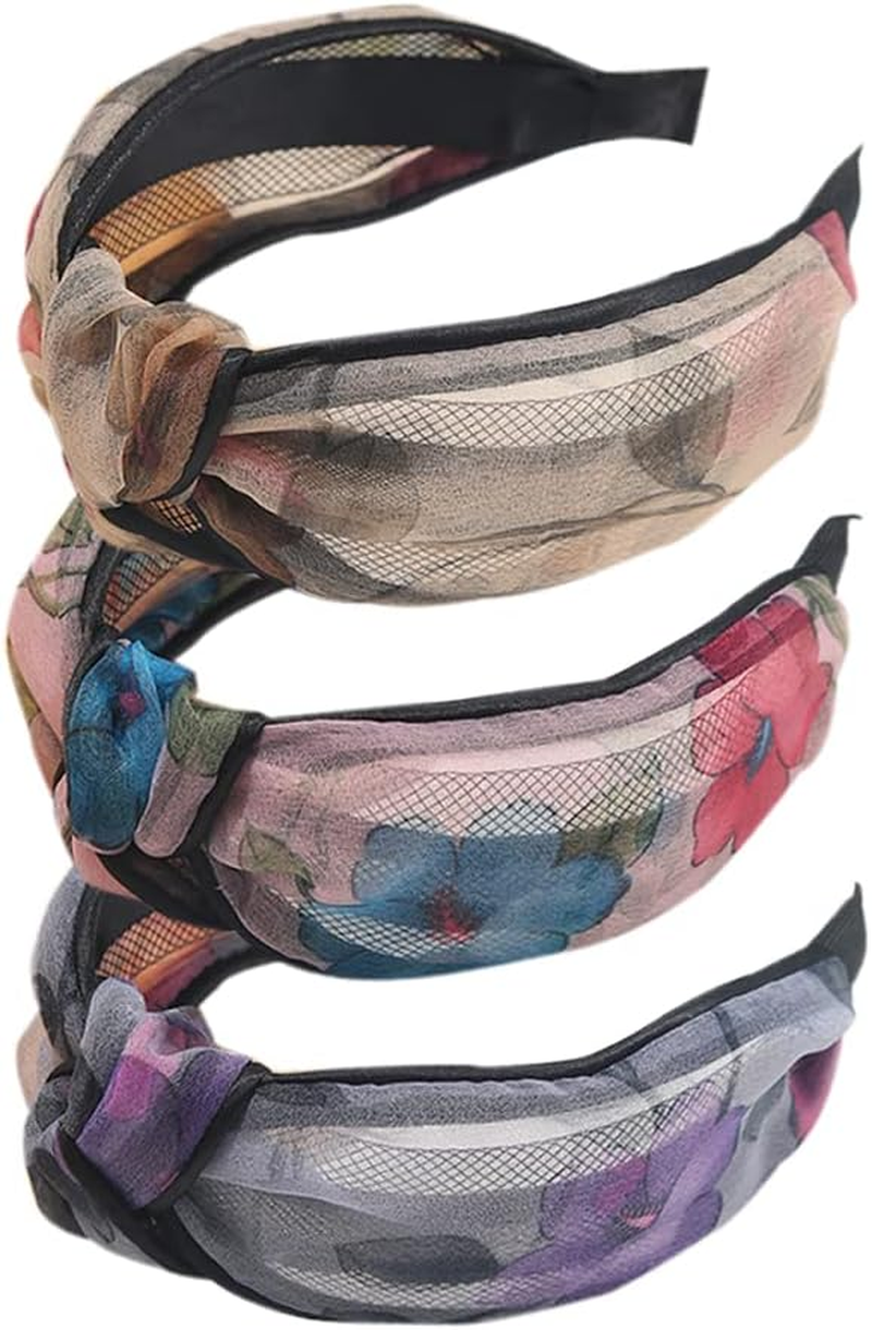 3 X Wide Headband, French Bow Knot Hair Hoop, Fabric, Non-Slip Headwear, Elastic Twist Hair Accessories, Alice Hair Bands for Women, UK (Flower2Vde)