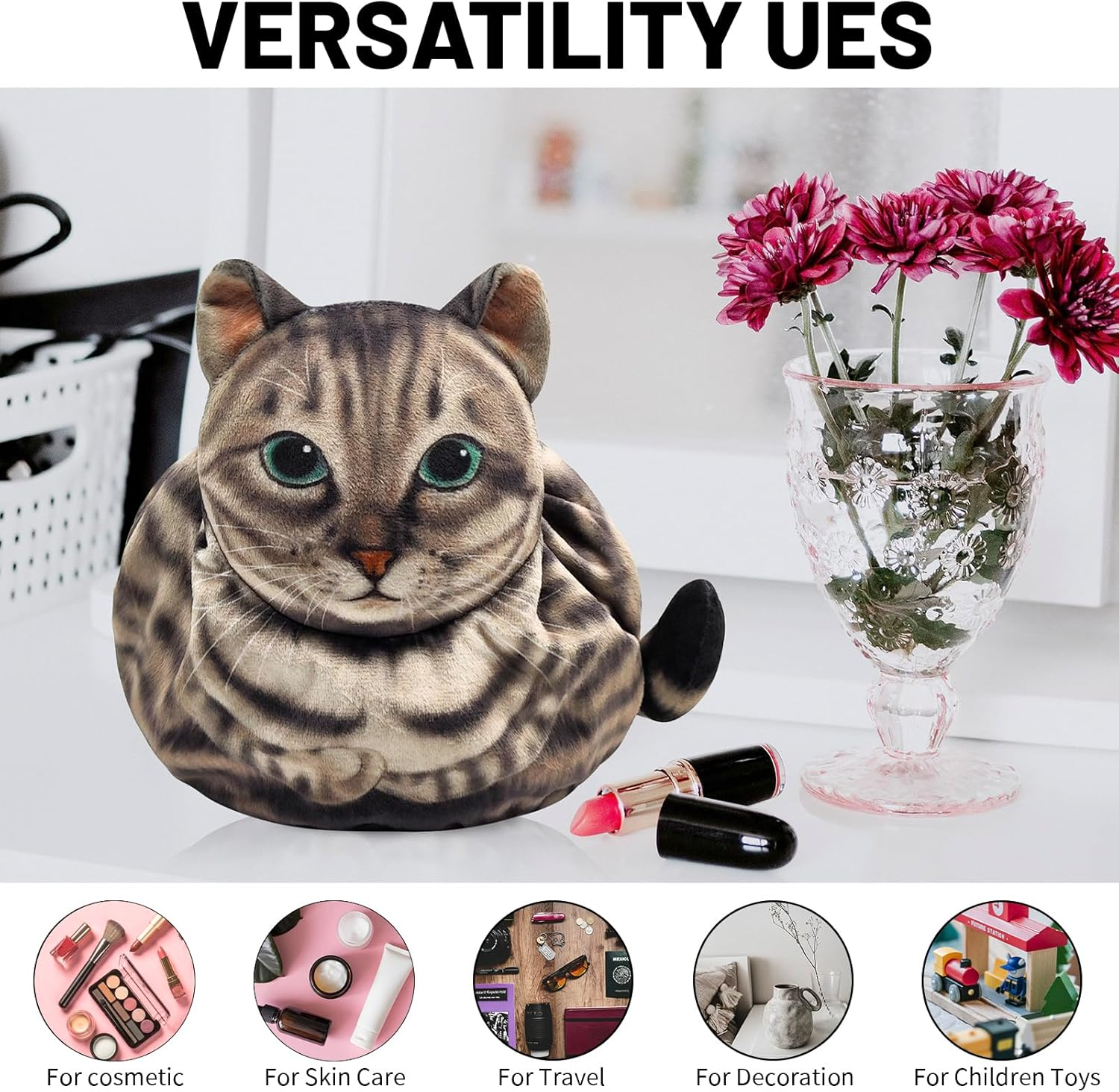 Openhahaha Drawstring Makeup Bag, Cat Makeup Bag, Travel Makeup Organizer, Cosmetic Pouch Bag, Cat Gift for Women, Lay Flat Makeup Bag Gifts for Cat Lovers&hellip;, New Grey and Black, Unisex Adult - Black White And Calico Cat image number 7