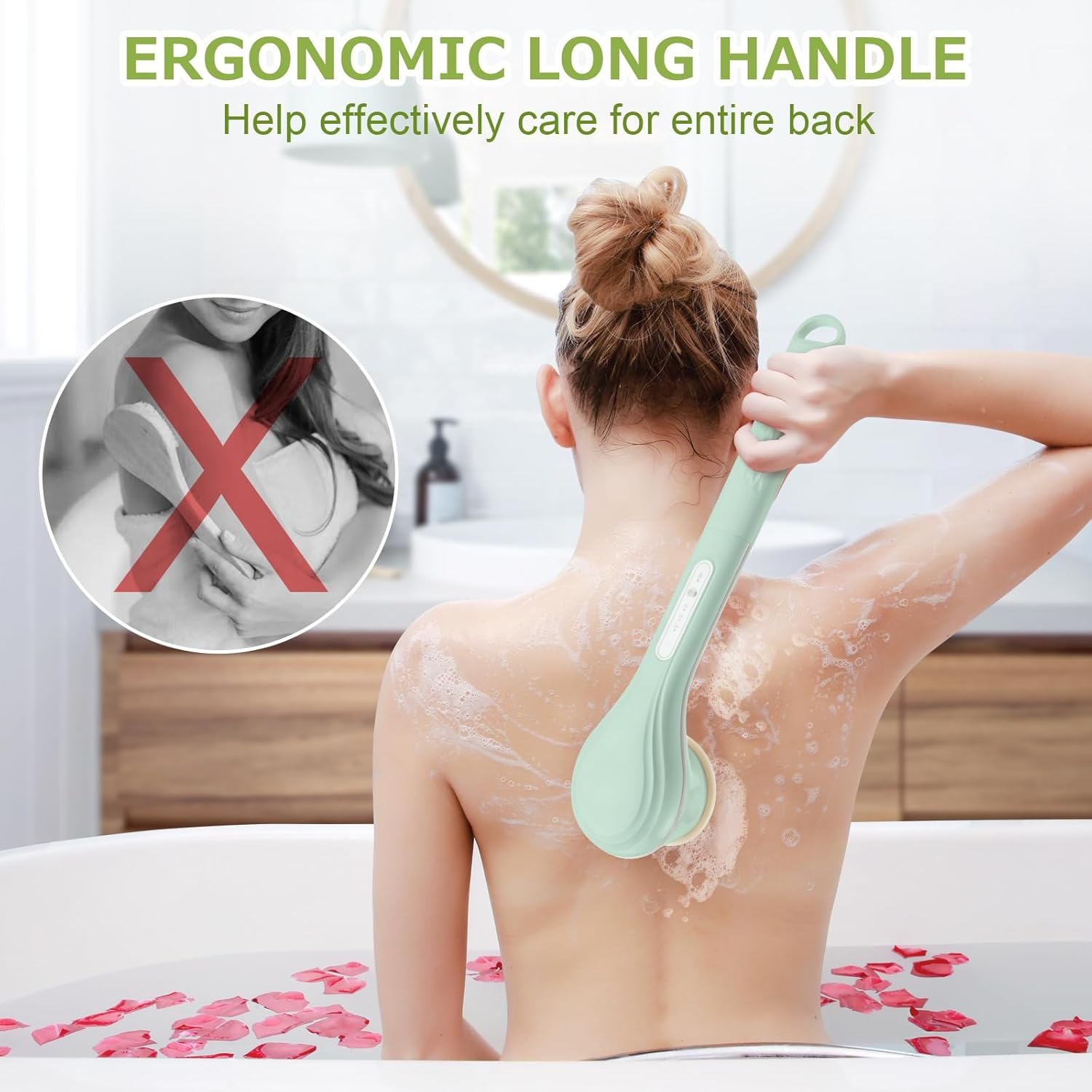 LINGSFIRE Electric Body Bath Brush, Rechargeable Back Scrubber for Shower, Long Handle Exfoliating Bath Brush for Shower, Lotion Applicator for Back, Silicone Body Scrubber with 6 Shower Brush Heads image number 2