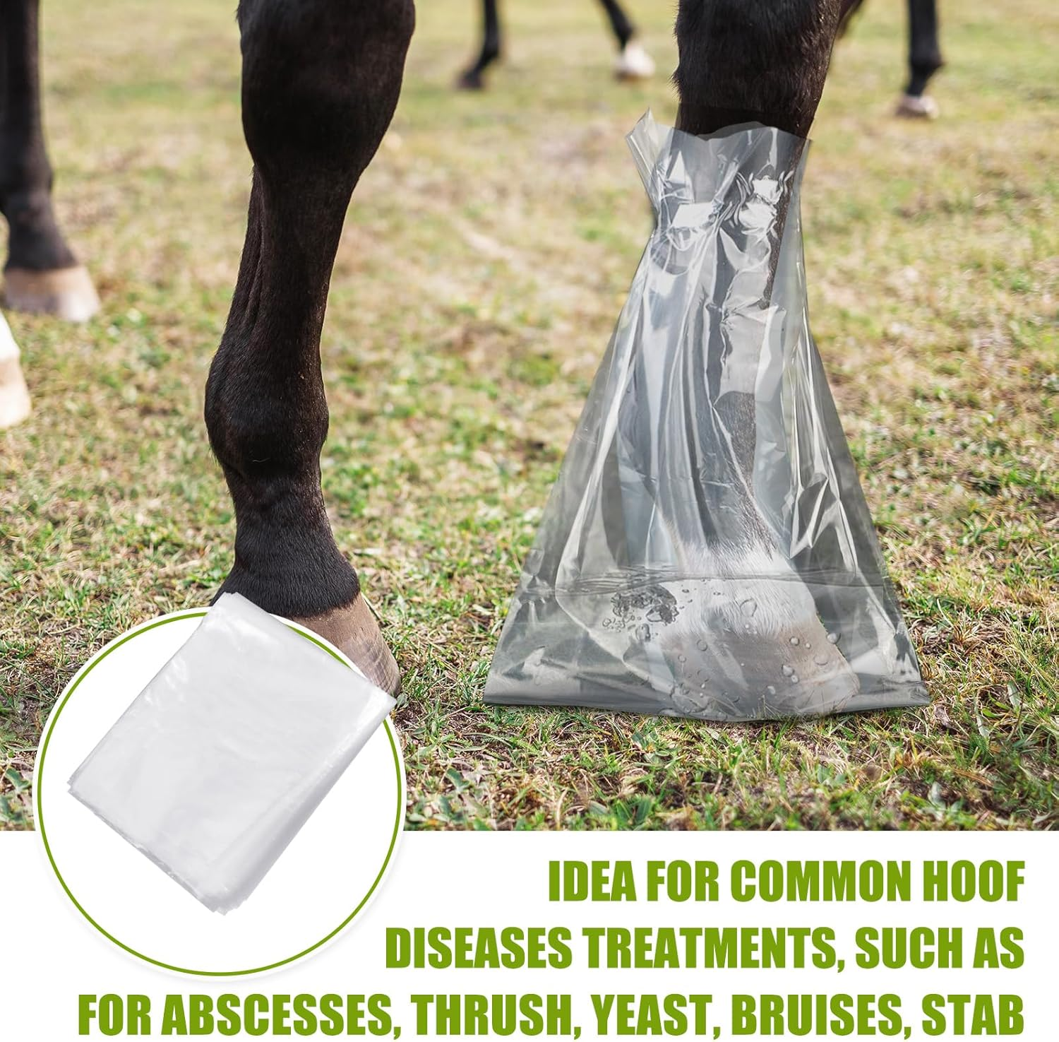 20 Pcs Disposable Soak Boot Hoof Soaking Bag Hoof Boots for Horses with 1 Roll of Adhesive Tape for Thrush Bacterial Infection Treating Hooves Care Liquid Treatment Equine Donkey Draft image number 4