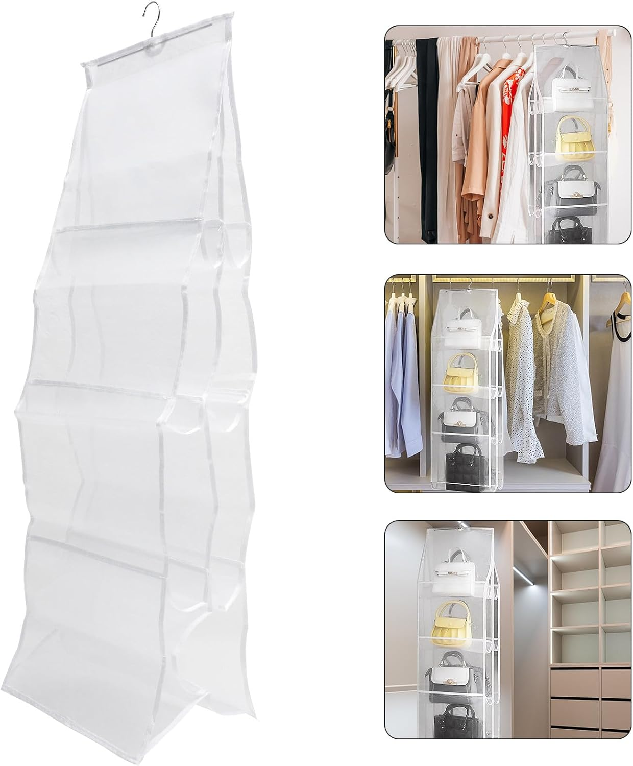JECOMPRIS 4-Layer 8-Compartment White Hanging Purse Organizer Bag for Closet Storage, Multi-Pocket Handbag Holder Suitable for Wardrobe and Home Use image number 3