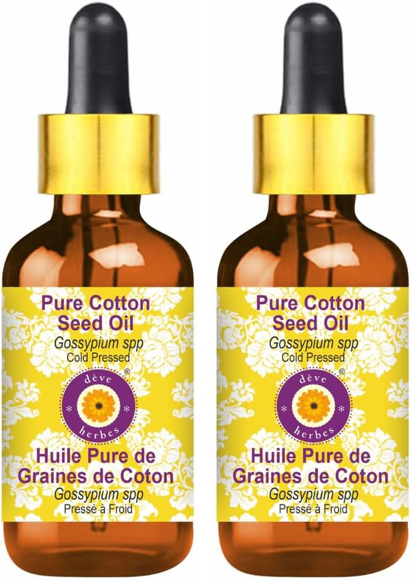 Deve Herbes Pure Cotton Seed Oil (Gossypium Spp) with Glass Dropper Natural Therapeutic Grade Cold Pressed (Pack of Two) 100Ml X 2 (6.76 Oz)