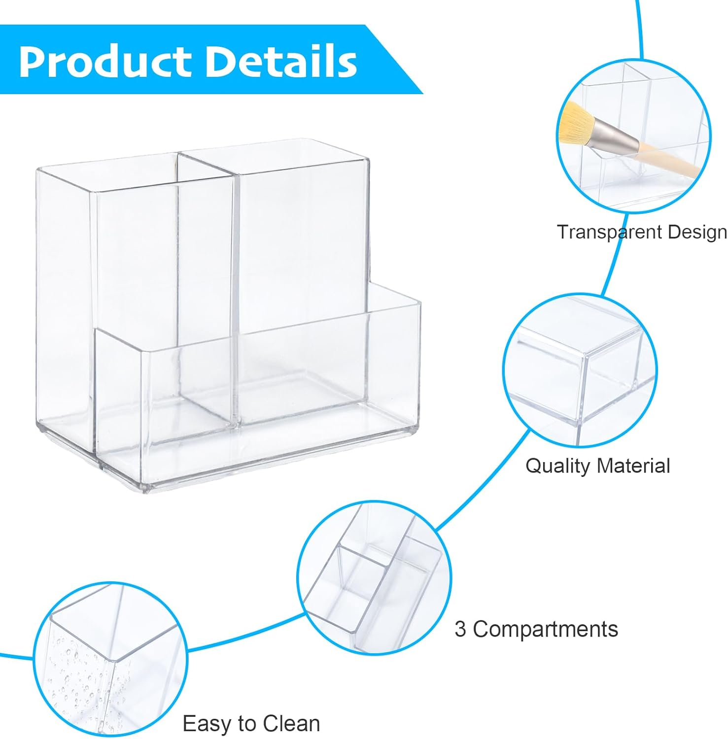 Marte Vanci Pen Pencil Holder, Acrylic Pen Holder Clear Makeup Brush Holder Desk Organiser Pen Pot Stationery Art Supply Storage with 2 Magnetic Squares Desktop Accessories 3 Slots Clear 1 Pack