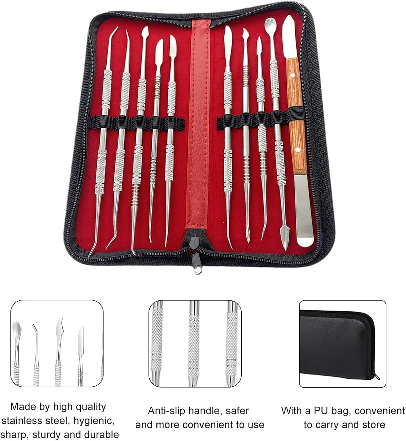 LAPOOH 10PCS Wax Carving Tool Set Stainless Steel Dental Instrument Versatile Kit Dental Lab Equipment Dental Tool Set with PU Holder Case