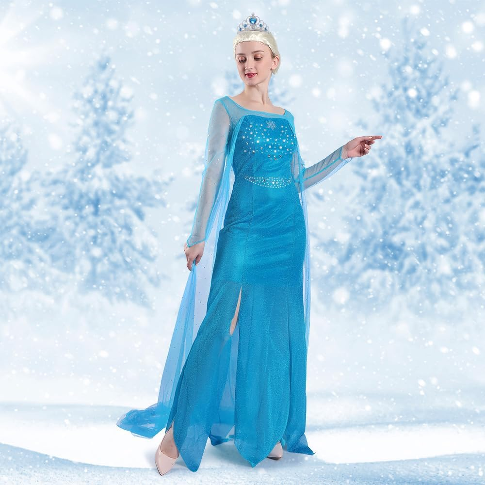 AUTOWT Womens Princess Costume, Elsa Cosplay Dress up with Cape Queen Gown, Snow Princess Role Play Outfits for Adult Birthday Party Costume Book Week image number 2