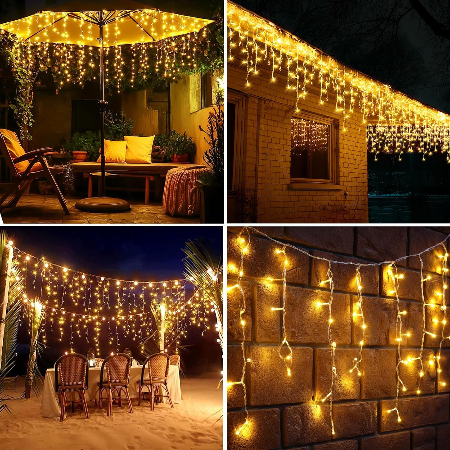 Solar Warm Icicle Lights, 35.1Ft 360 LED Curtain String Lights with Timer Dimmable,8 Modes Waterproof Fairy Lights for outside Holiday, Patio, Balcony, Window, House Eaves Decorations image number 4
