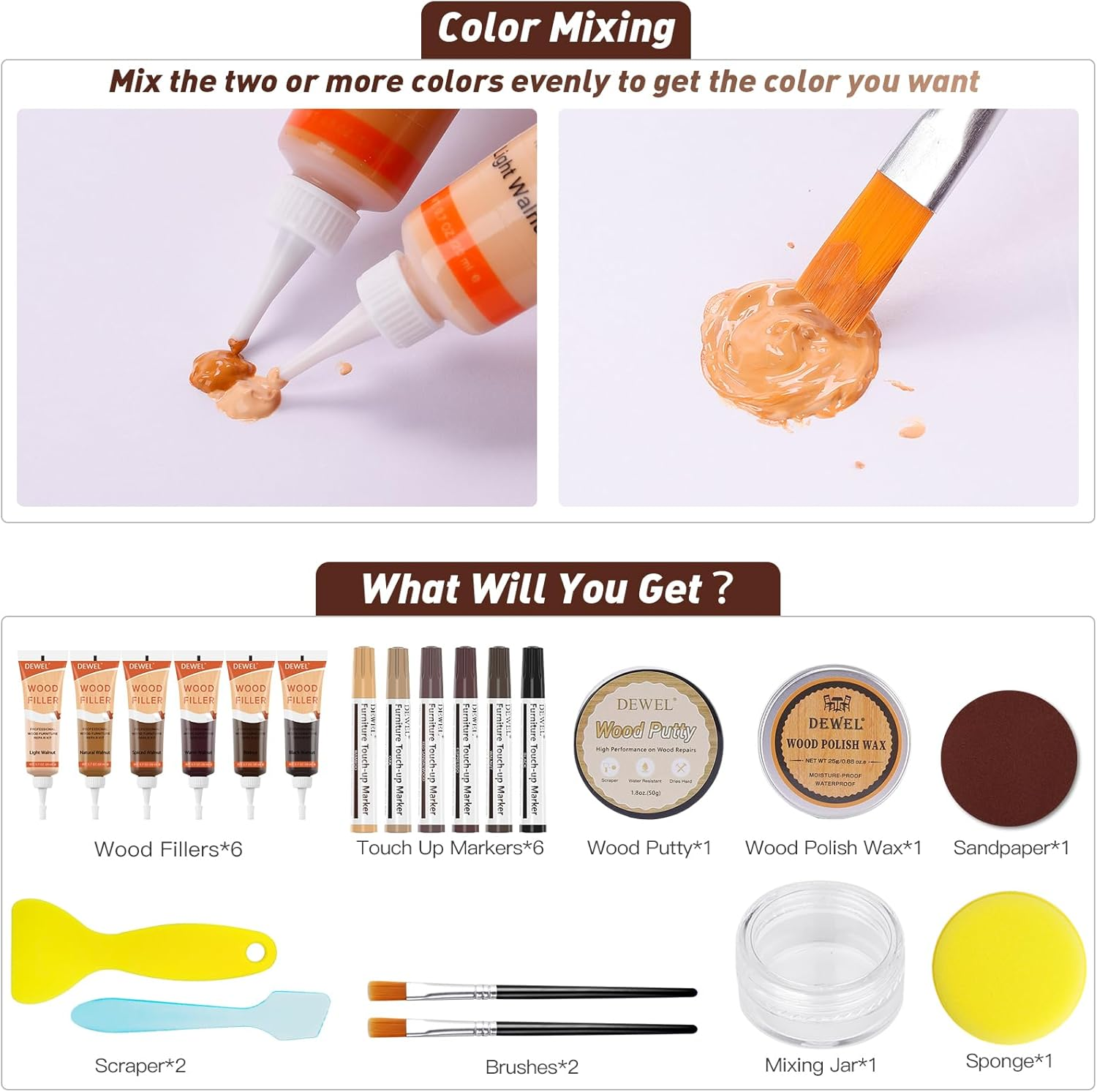 DEWEL Wood Furniture Repair Kit, Walnut Colors Series Furniture Touch up Markers and Wood Fillers, Wood Putty with Wood Polish Wax for Restoring Any Wood, Scratches, Cracks, Wood Floor image number 2