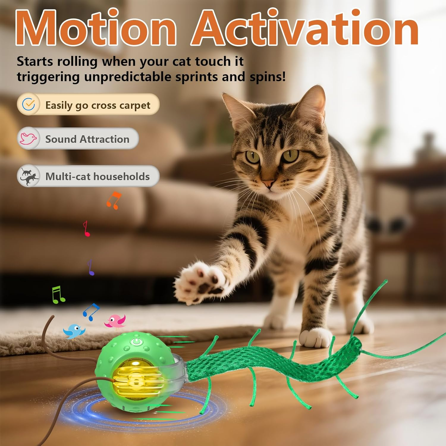 Giociv Interactive Cat Toys for Bored Cats, with Chirping, Centipede Motion Wake-Up Super Motor Cat Ball on Rug image number 2
