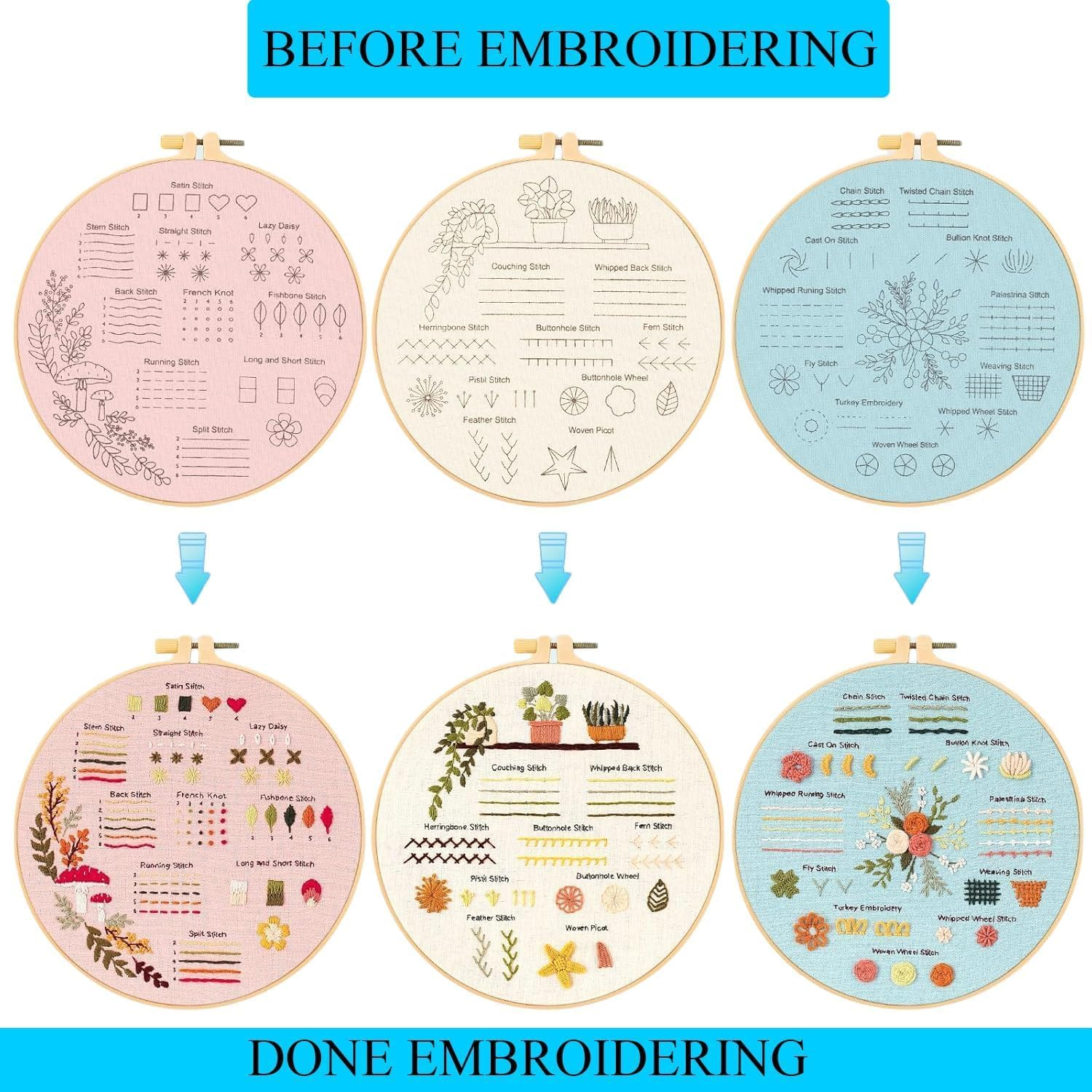 Embroidery Kit for Beginner,3 Sets Stitch Practice Kit, with Hoop and Needle Thread, Flower Cross to Learn 30 Different Adultkids Starter image number 1