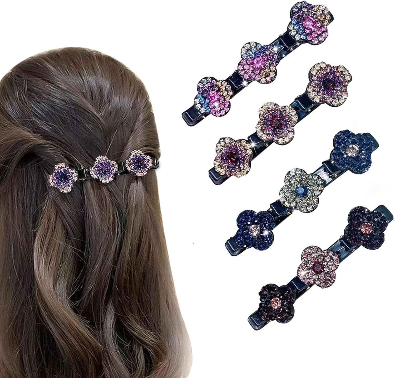 Pack of 4 Double Layer Hair Clips, Braided Hair Clips, Hair Clips with Sparkling Crystal Stones, Elegant Hair Styling Clips, Rhinestone Hair Clip, Double Layer Hair Clips for Women and Girls image number 3