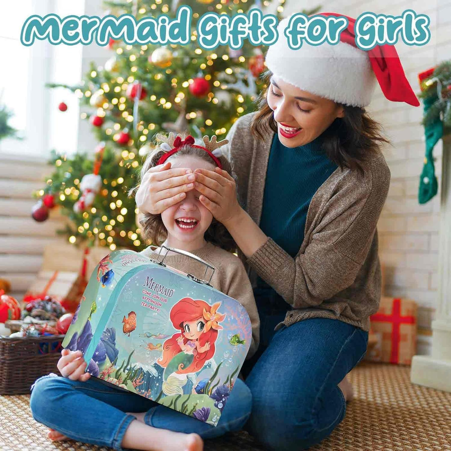 Mermaid Tea Party Set for Little Girls, Kids Party Set Toys for 3-6 Year Olds, Pretend Toy Tin Tea Set & Carrying Case, Princess Tea Time Kitchen Play Toys, Birthday Gifts