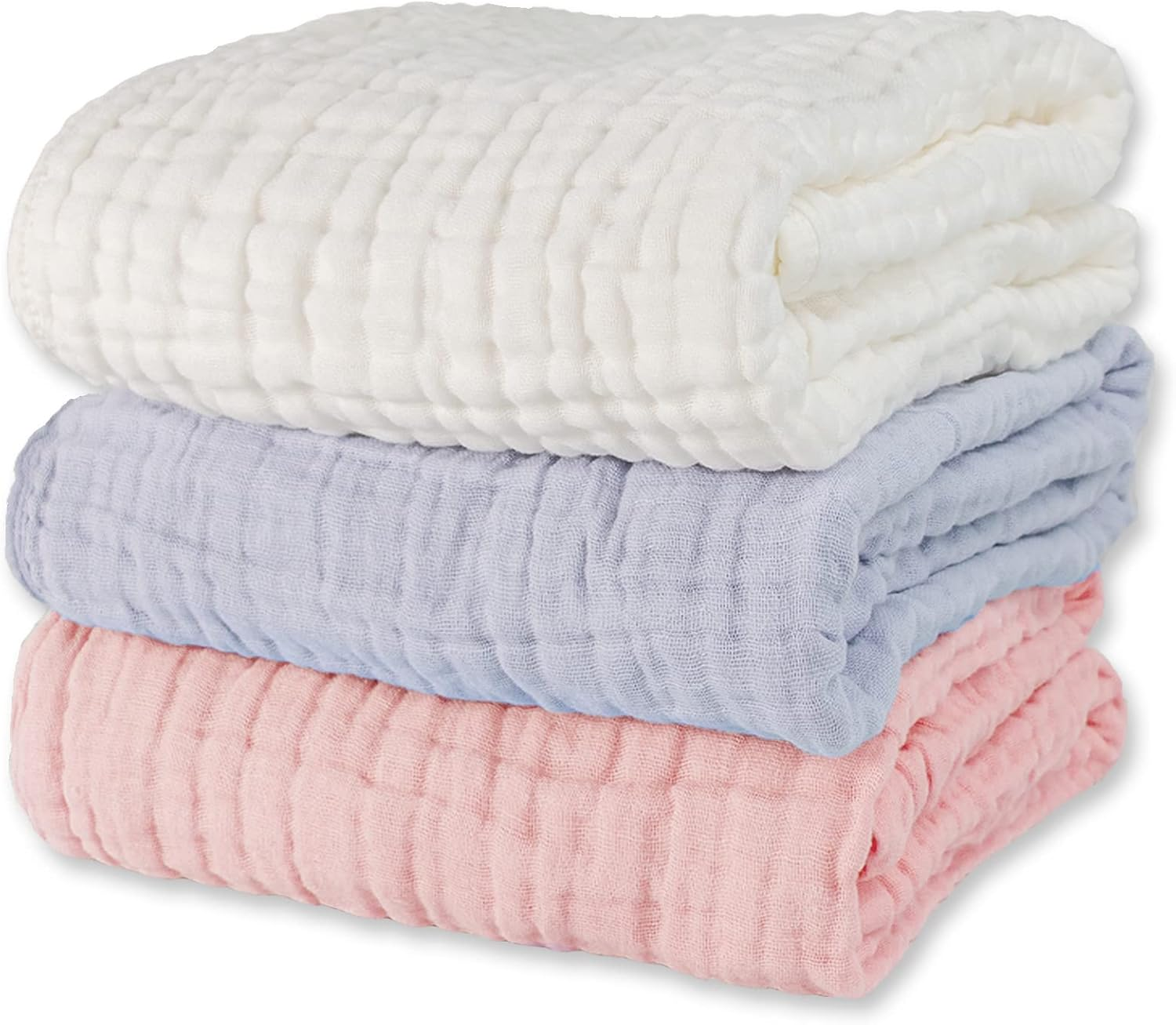 Winreal Muslin Baby Bath Towels Set 3 Pack Ultra Soft and Absorbent Baby Towels Infant Toddler Blanket Towel 6-Layer Natural Cotton Towel Suitable for Girl Boy 40X40 Inches (White&Pink&Grey)