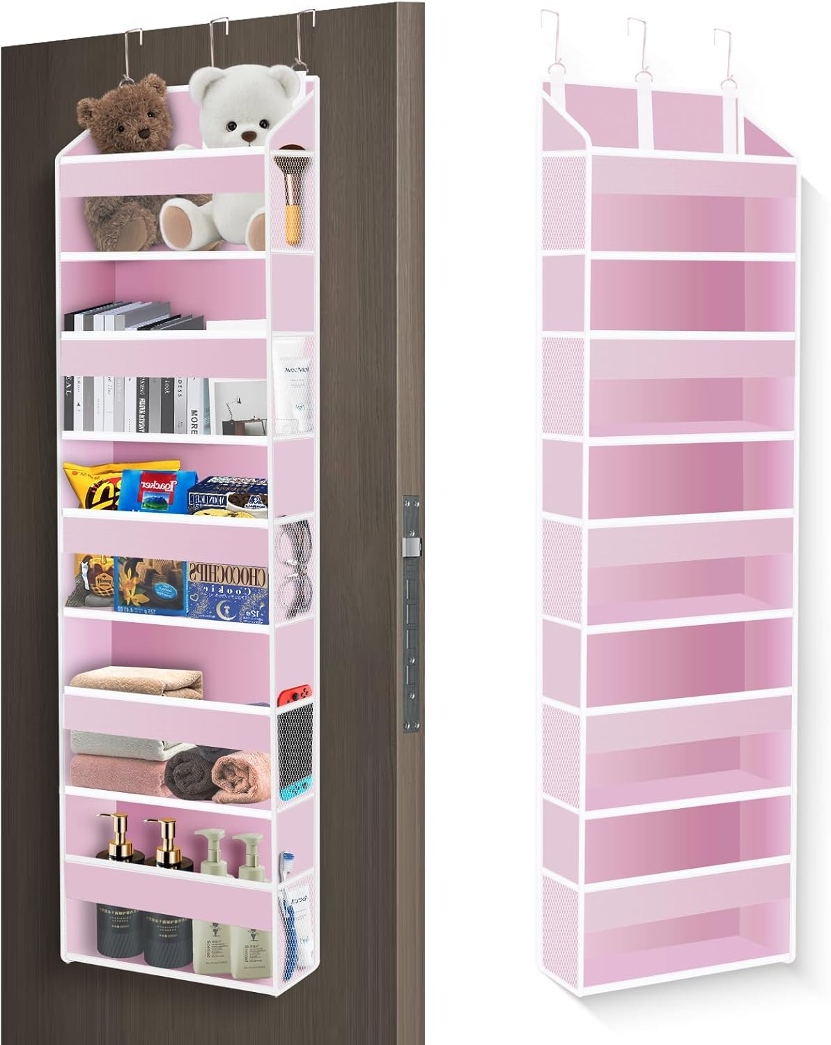 Xifllife over the Door Organizer Closet,5 Bins 10 Side Pockets,Hanging Door Organizer,Anti Tilt 44 Lbs Load Door Organizers and Storage with Clear Window for Bedroom,Nursery,Rv,Bathroom,Camper(Pink) - Black image number 5