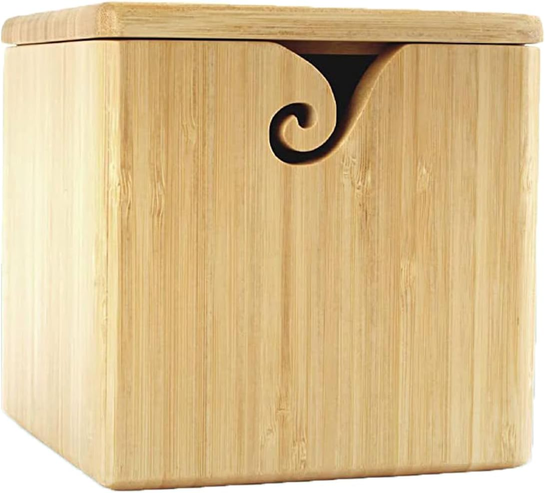 Joyeee Extra Large Bamboo Yarn Bowl with Lid, XL Knitting Box Case for Storage Big Wool Ball, DIY Wool Braid Craft, Handmade Square Cube Crochet Bowl for Wife, Mum, Grandmother 7.7 X 7.7 X7 Inch image number 4