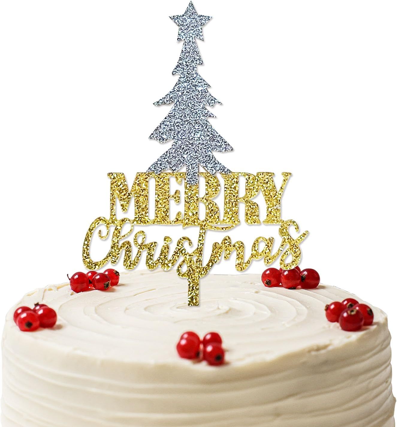 Merry Christmas Cake Topper, Gold Glitter Acrylic Christmas Tree Cake Picks for Christmas Winter Happy New Year Party Supply Decoration image number 1