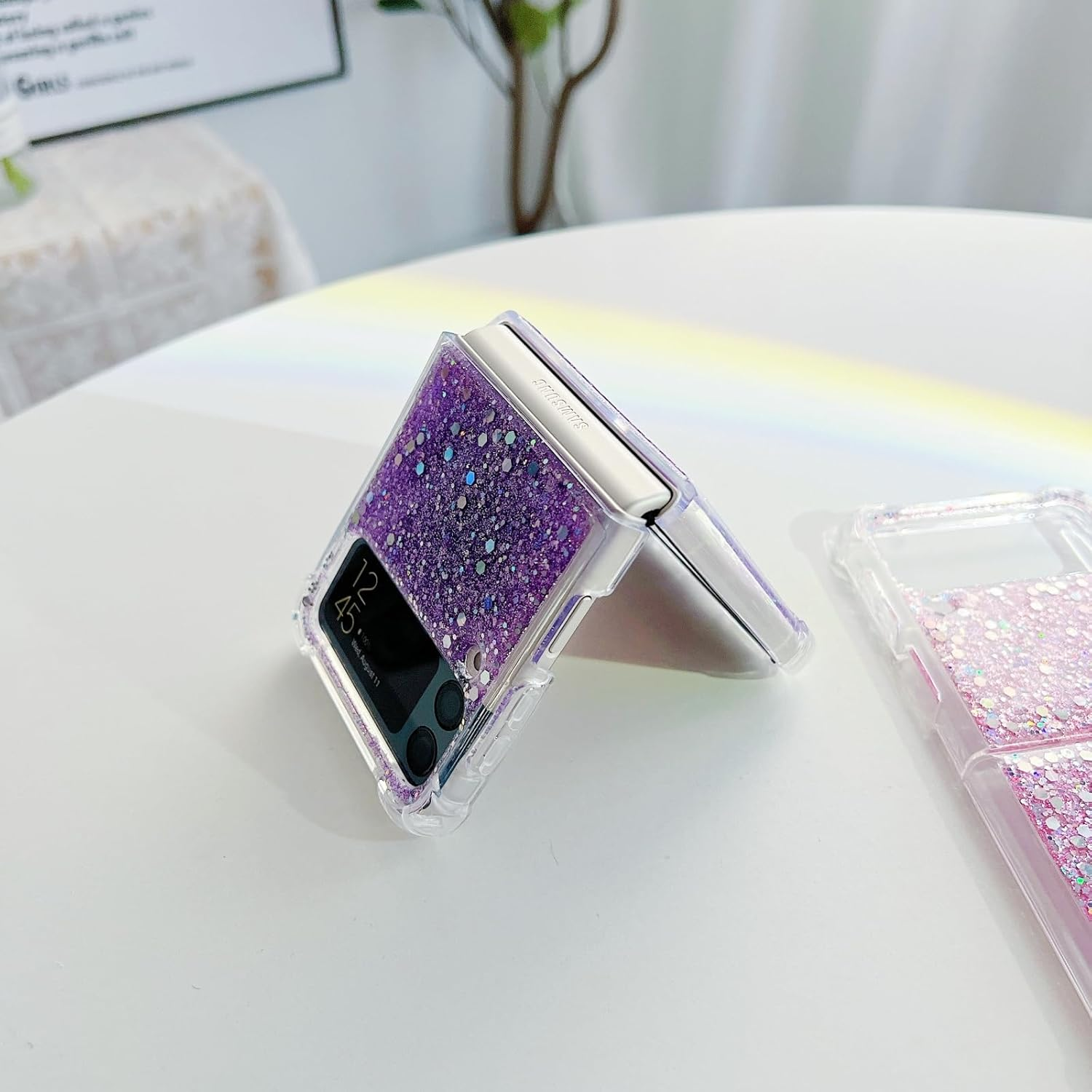 UEEBAI Case for Samsung Galaxy Z Flip 4 5G, Pretty Bling Glitter Case for Women Cute Shiny Sparkle Phone Case for Girls Bling Stars Cover Four Corner Shockproof Slim Fit Flip Case - Purple image number 4
