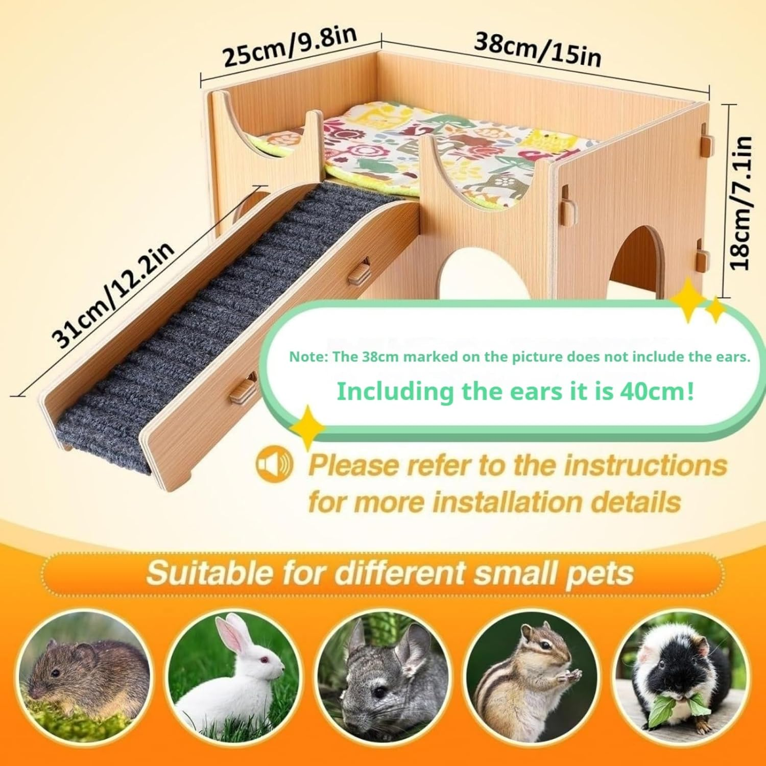 Guinea Pig Hideout,Wooden Hamster Castle with Stairs,Small Animal Houses Habitats for Guinea Pigs Hamsters Bunny Chinchillas Hedgehogs 15L X 9.8W X 7.1H in (Light Wood) image number 2