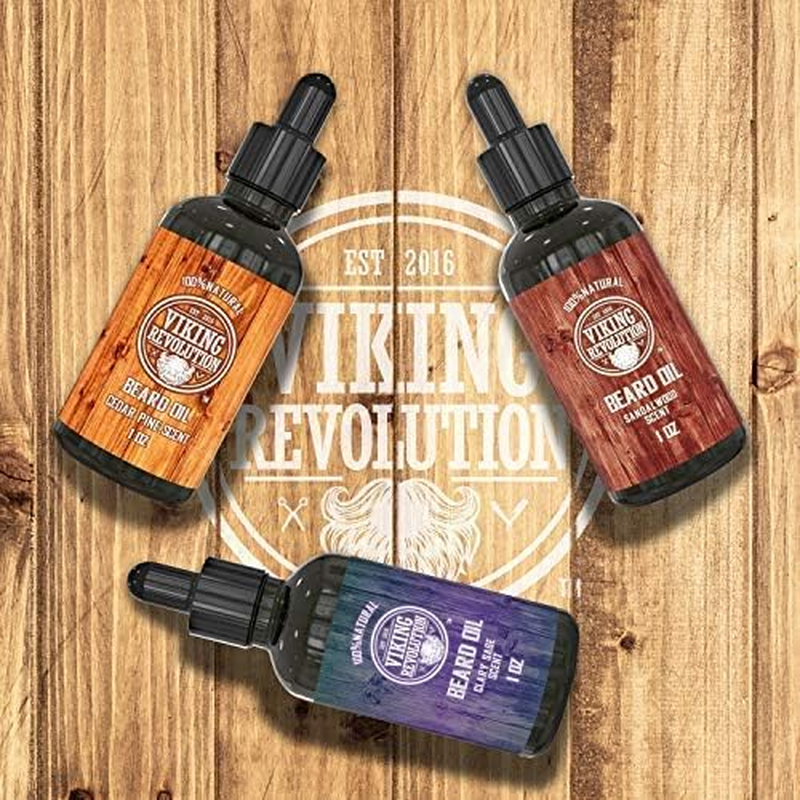 Viking Revolution - Beard Oil Conditioner 3 Pack - All Natural Variety Sandalwood, Pine & Cedar, Clary Sage - Conditioning and Moisturizing - Stocking Stuffers for Him - 3 X 30 Ml