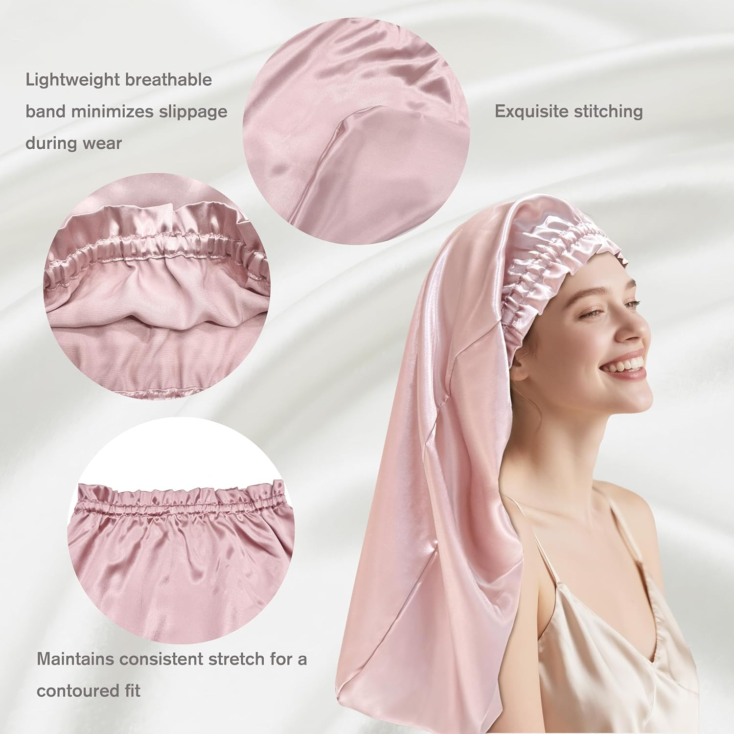 Townssilk Silk Bonnet for Sleeping, 100% 22 Momme Mulberry Silk for Women, Luxurious, Breathable, Sits Secure Overnight & Pressure Free, Ideal for Long & Curly Hair - Dustypink 58Cm image number 6