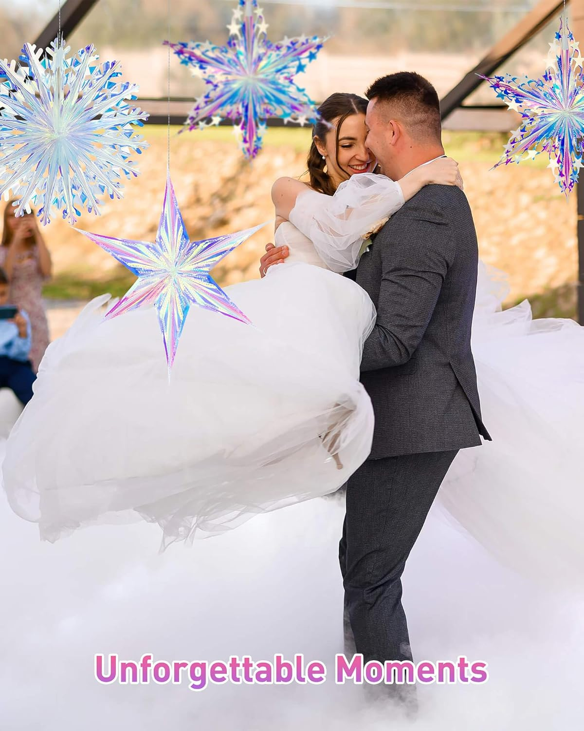 3PCS Iridescent Decoration Ornaments Hanging Decorations, Iridescent Snowflakes Fan, Starry Snowflake, Hexagram Stars Garland for Home Decorations Wedding Birthday Christmas Parties, Vomika