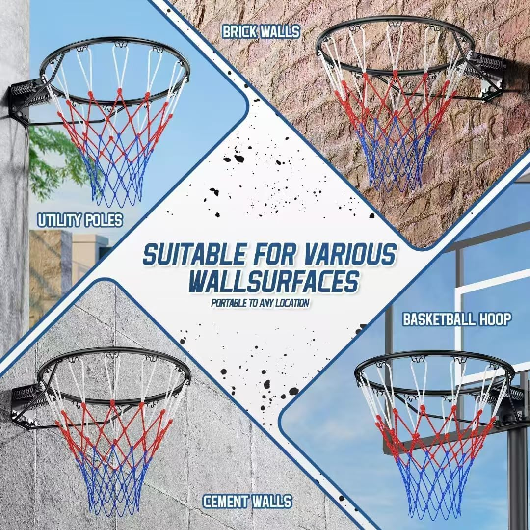 Basketball Rim, 18"(45Cm) Replacement Wall Mounted Outdoor Basketball Hoop, Heavy Duty Solid Steel, Double Spring Basketball Hoop Rim with All Weather Net for Indoor and Outdoor Hanging image number 2
