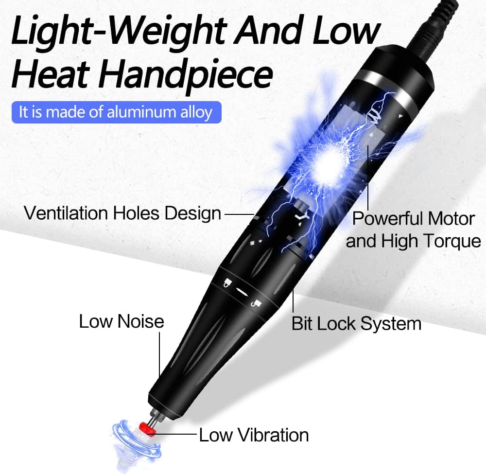 Yokefellow Professional 35000 RPM Nail Drill for Acrylic Nails with 6 Bits Rechargeable Portable Manicure Pedicure Nail Drill Machine as a Power Bank Black&Grey&Sliver (Black+Nb07) image number 2