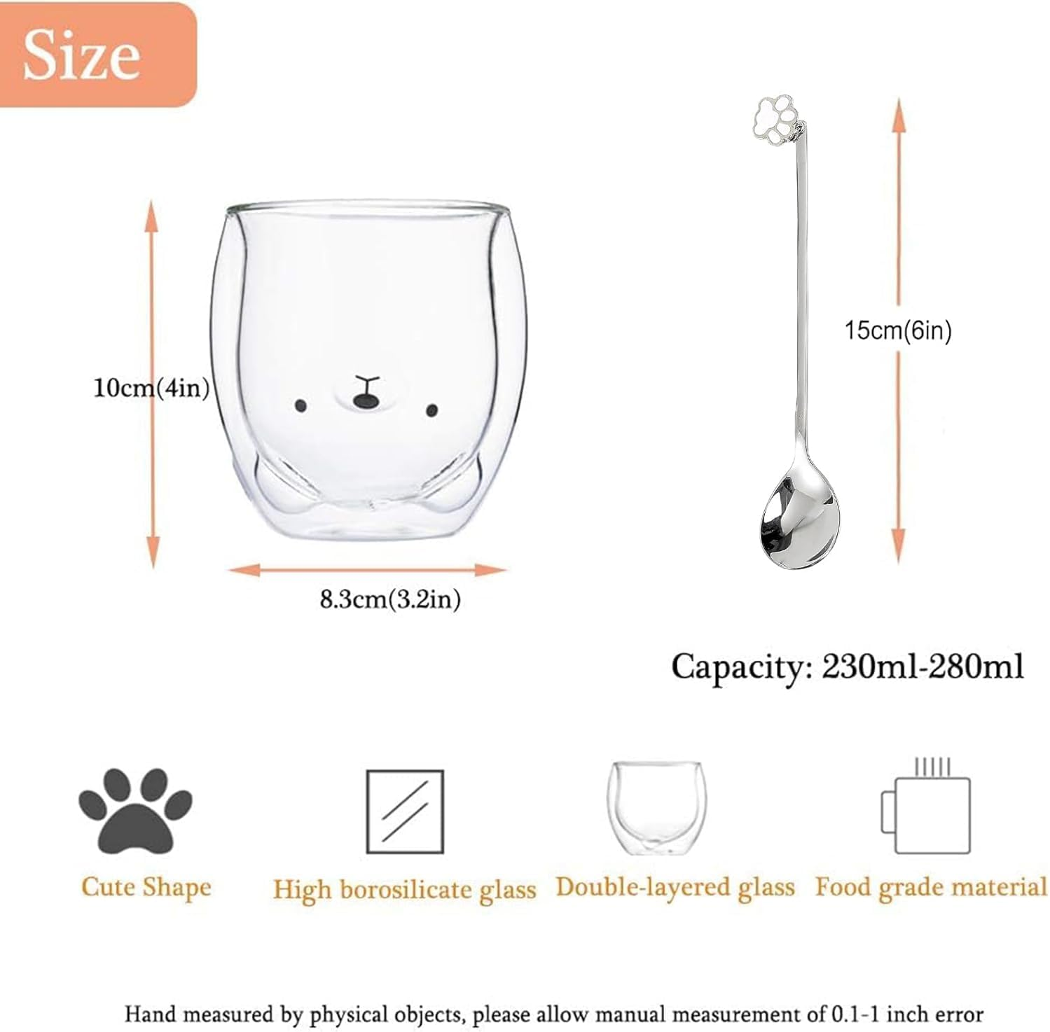 Cute Mugs Glasses Double Wall Insulated Glasses Espresso Cup, Coffee Cup, Tea Cup, Milk Cup, Best for Office and Personal Birthday (Bear) - Bear With Handle image number 4