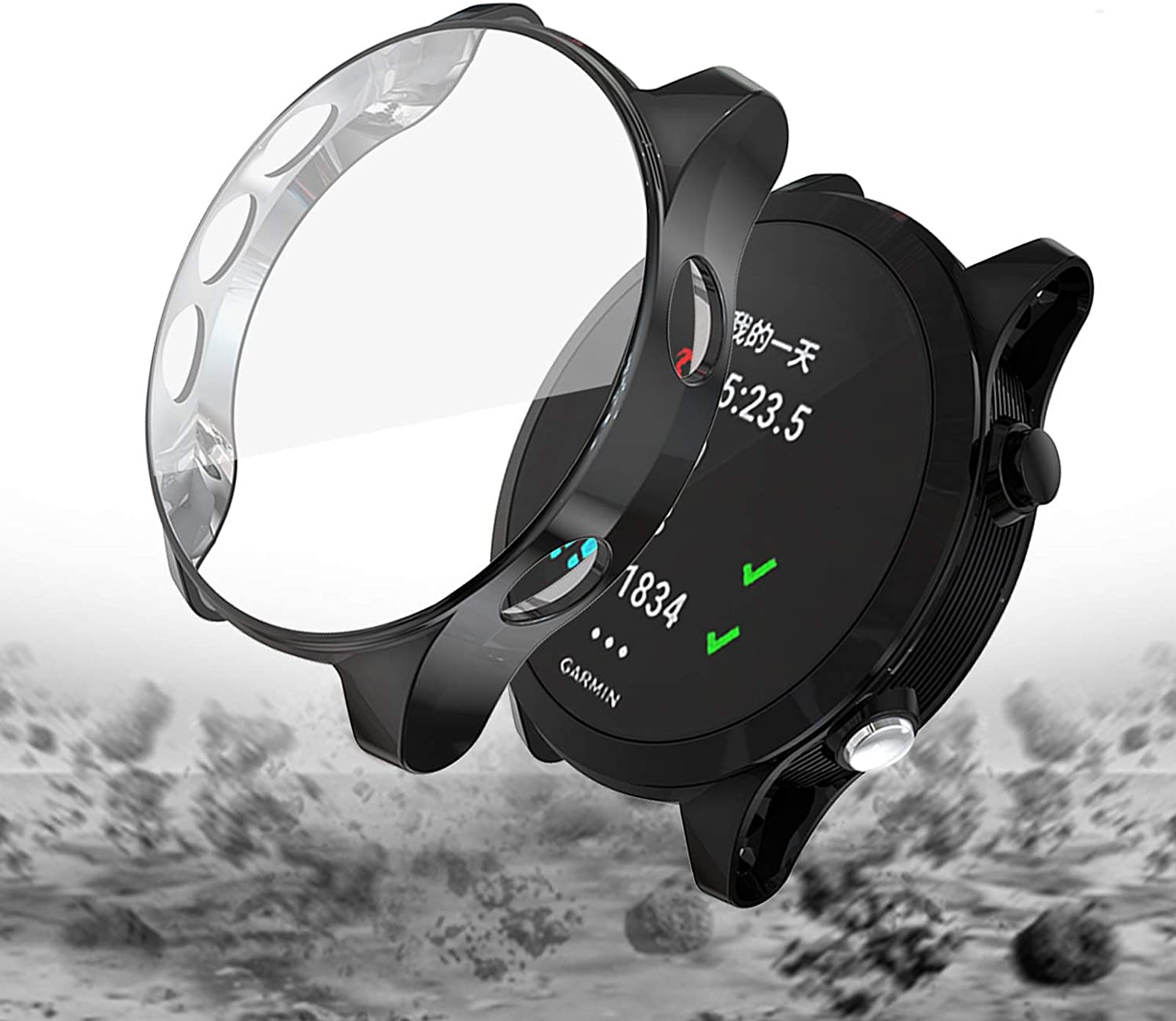 [2 Pack] for Garmin Forerunner 935/945 Screen Protector Case, Scratch-Resistant Lightweight Plated TPU Fullbody Protective Case for Forerunner 935/945 Smart Watch (Clear+Black) image number 1