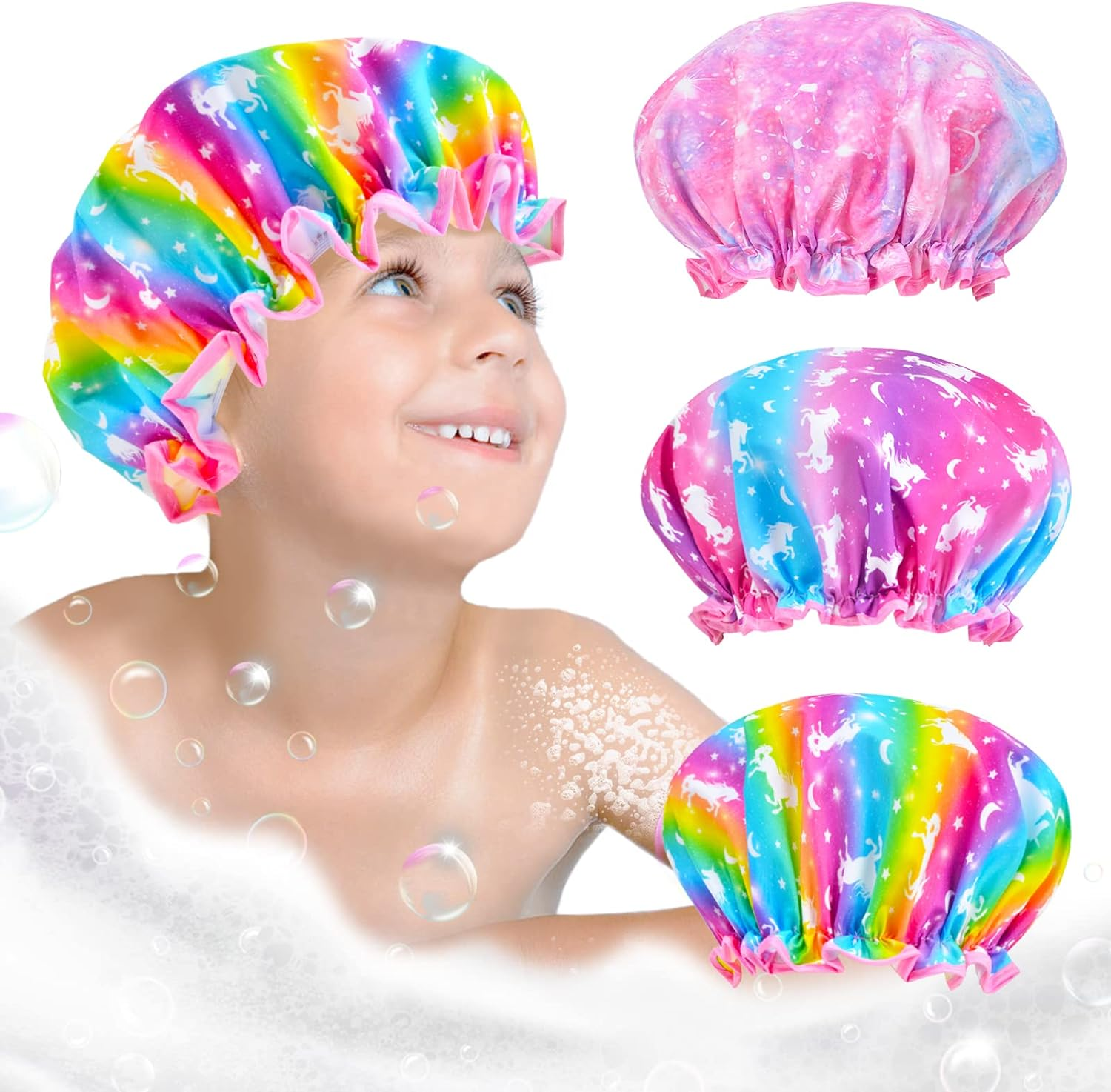 3 Pcs Kids Shower Caps for Girls - Cute Rainbow Hair Cap with Wide Elastic Band, Plastic Reusable Waterproof Toddler Bath Cap, Large for Women (Mermaid)