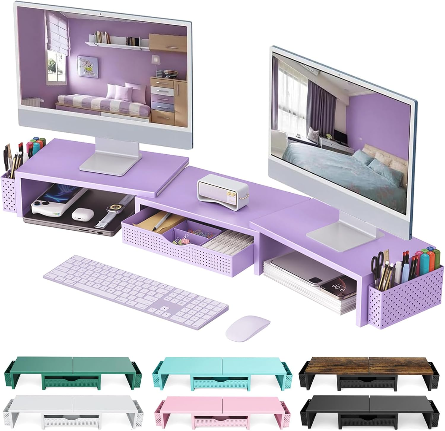 Gianotter Dual Monitor Stand Riser, Desk Organizer with Drawer and 2 Pen Holders, Desk Organizers and Accessories, Purple Office Decor (Purple) - Black image number 7