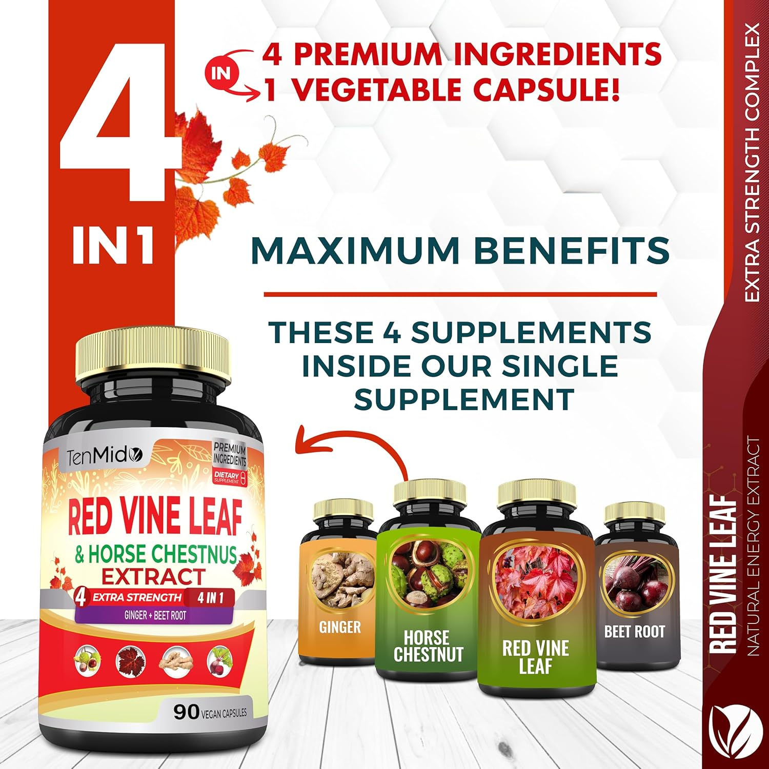 18250Mg Red Vine Leaf Extract Capsules - with Horse Chestnut, Beet Root, Ginger - Herbal Suppplement for Heart, Leg Vein & Energy - 90 Vegan Capsules for 45 Days image number 4