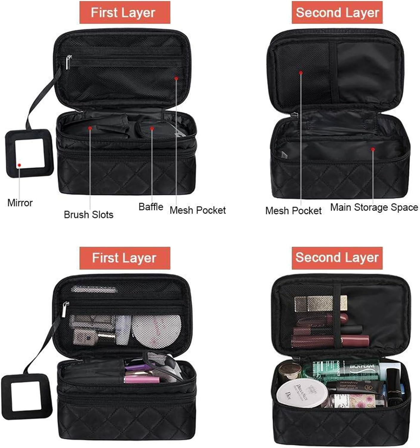 Leberna Makeup Bag Organizer for Women, Travel Cosmetic Bag Waterproof with Brush Compartment and Mirror Portable Double Layers Large Capacity Make up Case image number 5