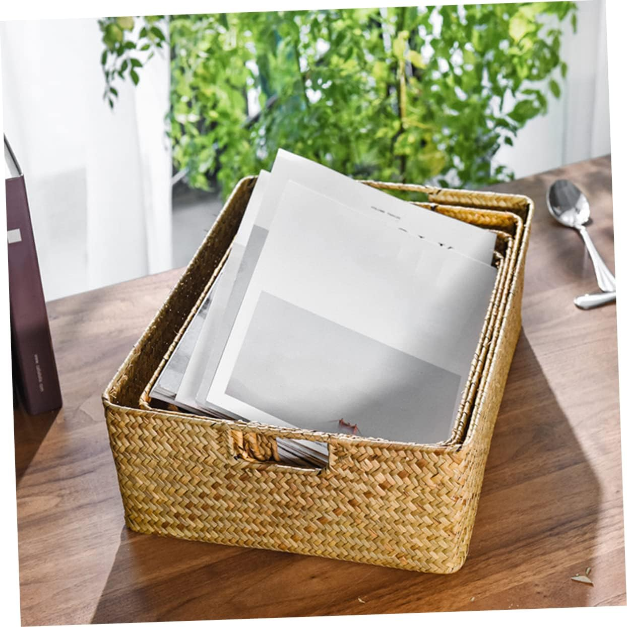 Hohopeti Hand-Woven Seaweed Storage Basket 33X23X11Cm Rectangular Sundries Organizer Yellow Vintage Style Household Storage Box for Toys and Cosmetics image number 6