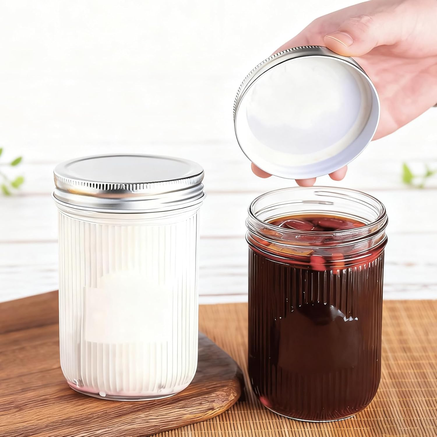 Acetiti 500Ml/17 Oz Glass Mason Jars with Silver Metal Lids, Set of 5 Vintage Wide Mouth Canning Jars with Labels for Overnight Oats, Food Storage, Jam, Honey, Pickling (500Ml-Vertical Stripes) image number 6