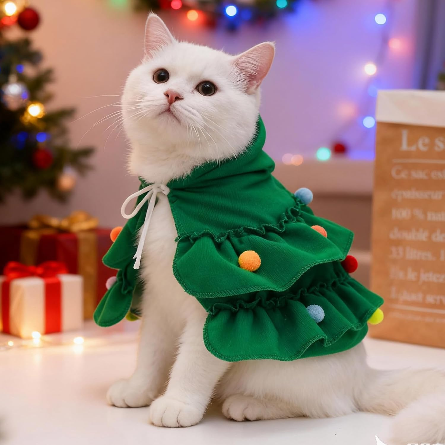 FOSDICK Cat Christmas Outfit, Cute Green Cat Cape Xmas Puppy Cloak with Star, Pet Christmas Costume for Small Dogs Cats Kitten Clothes Puppy New Year Party Supplies (M) image number 4