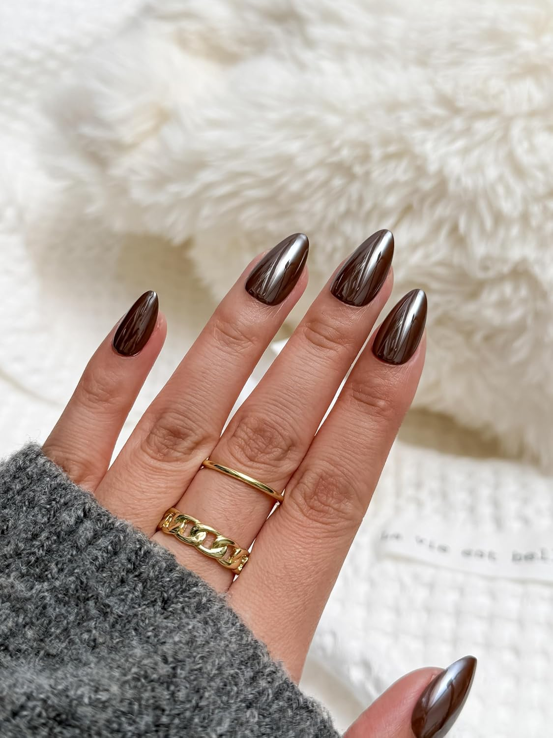 Press-On Nails | Metallic Cocoa Almond False Nails, Reusable Stick-On Fake Nails with Adhesive Tabs and Glue | Salon-Grade Quality | Transparent Storage Box | 15 Sizes - 30 Nail Kit image number 3