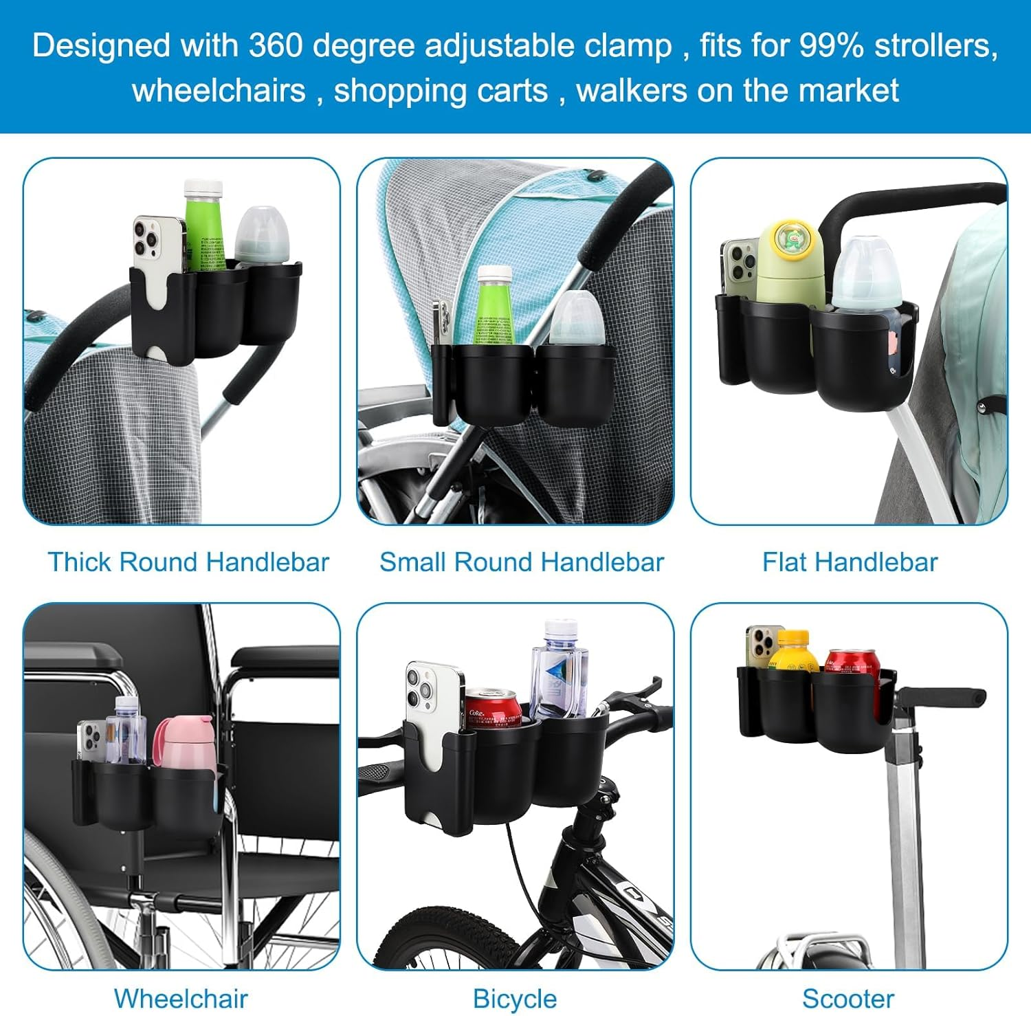 Qunlions Life Stroller Cup Holder with Phone Holder, Bike, Universal Cup Holder for Uppababy Nuna Doona Strollers, 2-In-1 Cup Phone Holder for Stroller, Bike, Wheelchair, Walker (Double Holder-Black) - All Black image number 2