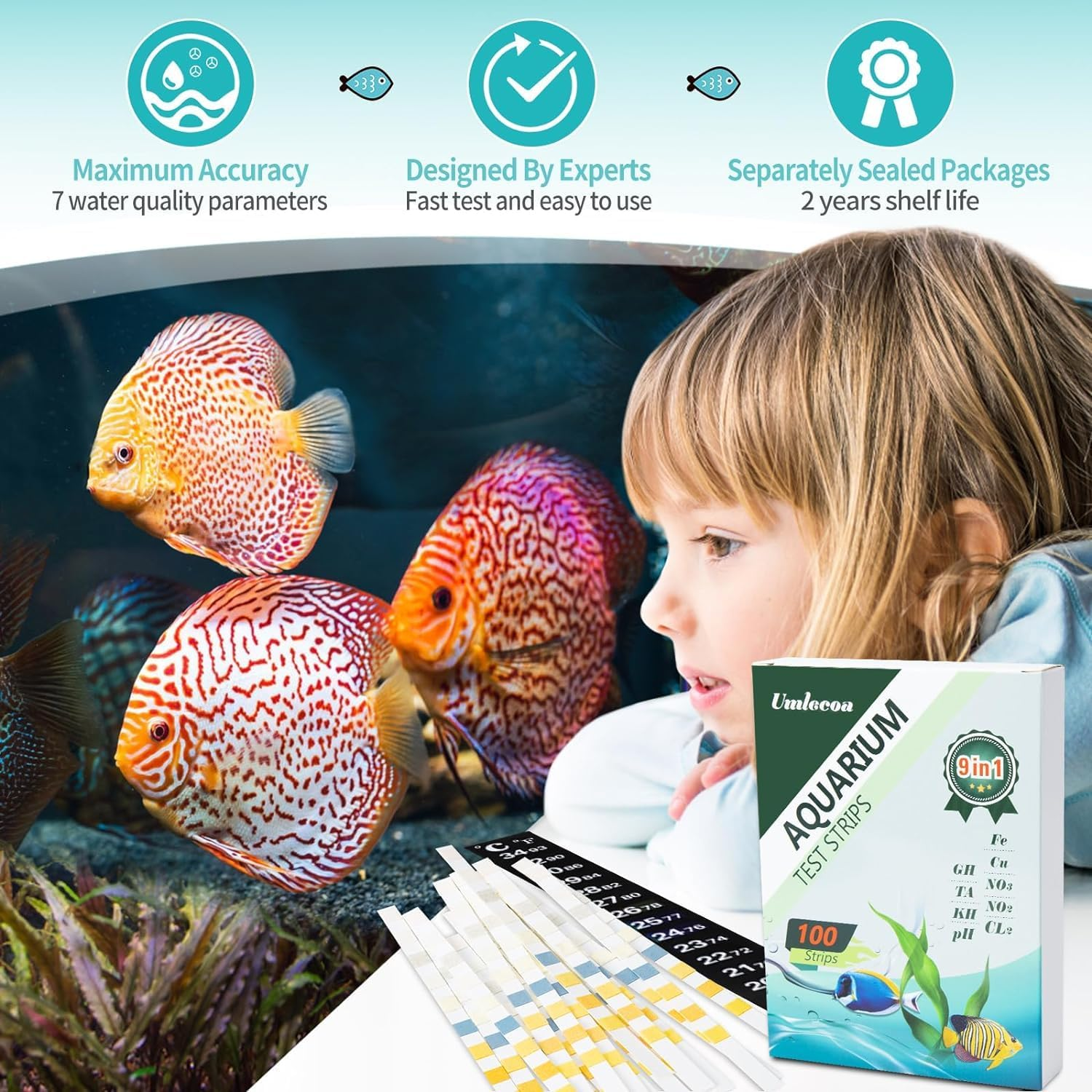 JINDUN 9 in 1 Aquarium Test Kit for Freshwater and Saltwater - 100 Aquarium Test Strips with Test Tube & Thermometer - Fast & Accurate Water Testing Strips for Aquarium/Pond/Pool image number 2
