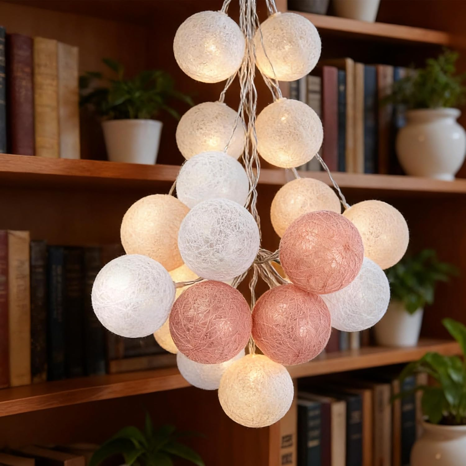 Alegre 3 M 20 LED Cotton Balls Fairy Lights Balls, 4 Cm Cotton Ball Fairy Lights Children'S Room Girls, Rose Gold Ball Fairy Lights Cotton Balls for Wedding, Room, Bedroom, Christmas Decoration image number 1