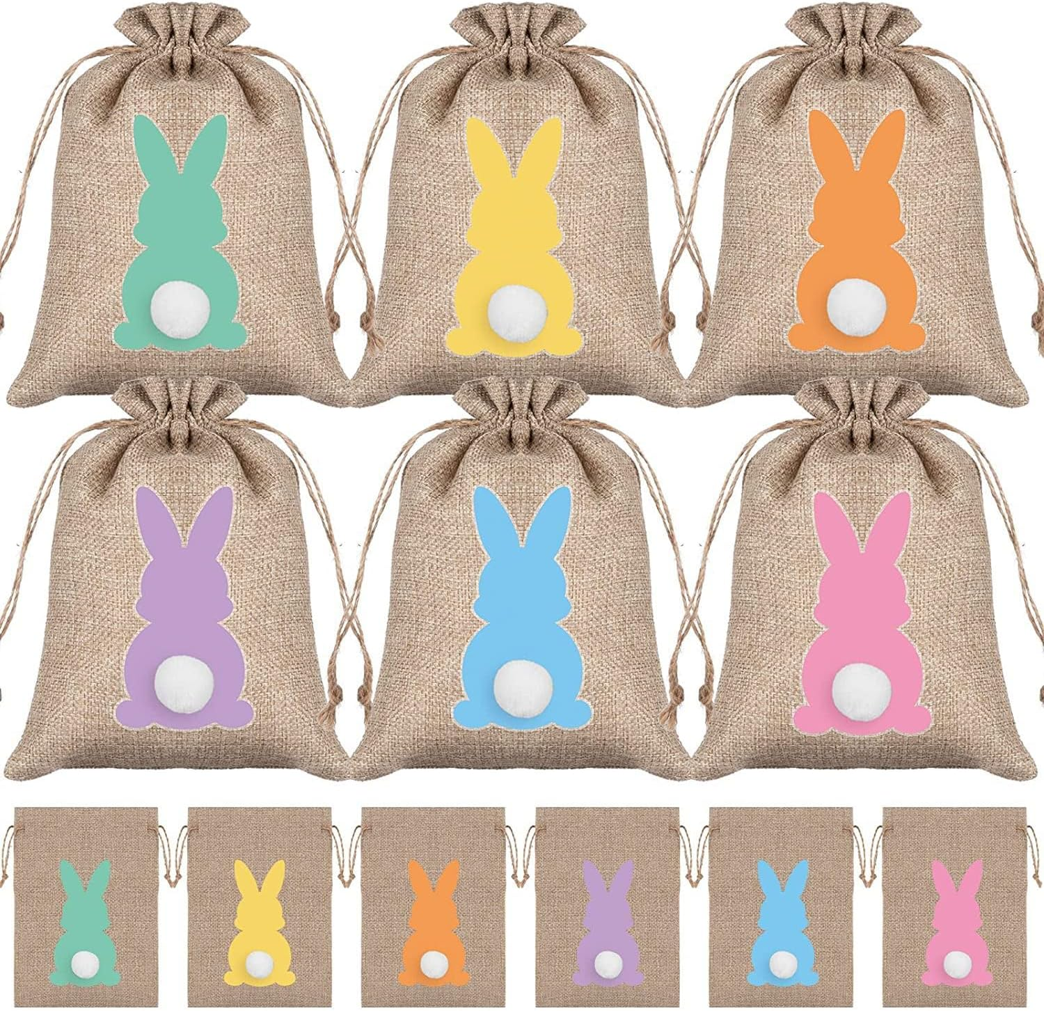 24 Pcs Easter Candy Bags, Easter Burlap Drawstring Bags 6 Color Bunny Pattern Linen Treat Candy Bags for Kids Easter Party Favor image number 3