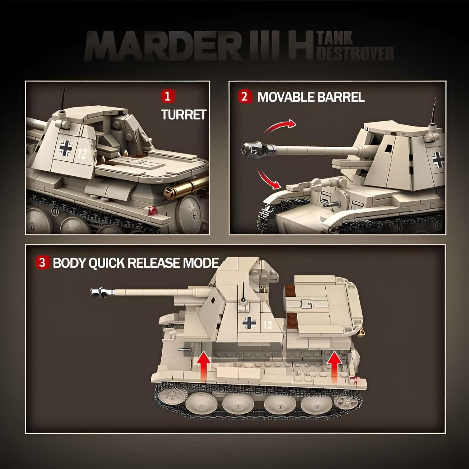 Fuleying Military Building Blocks Kit, Marten III H Tank Destroyer Clamping Blocks, 661 Pieces WW2 German Army Armoured Tank Vehicle Model Toy for Adults Children from 10 Years image number 4