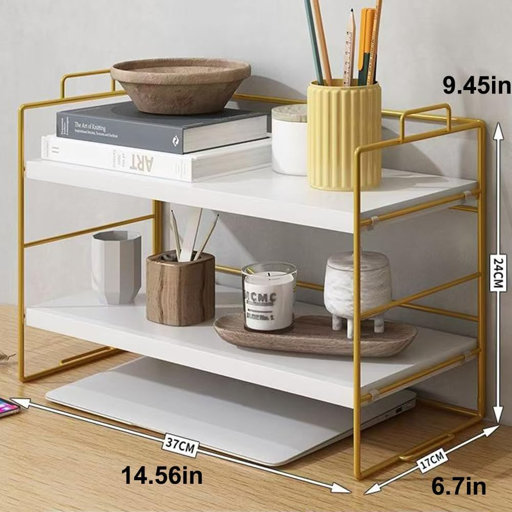 Hbluefat Desktop Organiser Shelf, 2 Tier Adjustable Computer Desk Bookshelf, Small Wood Countertop Bookcase, Dresser Tabletop Display Rack for Home Office (White+Gold) - Wood+Gold image number 3